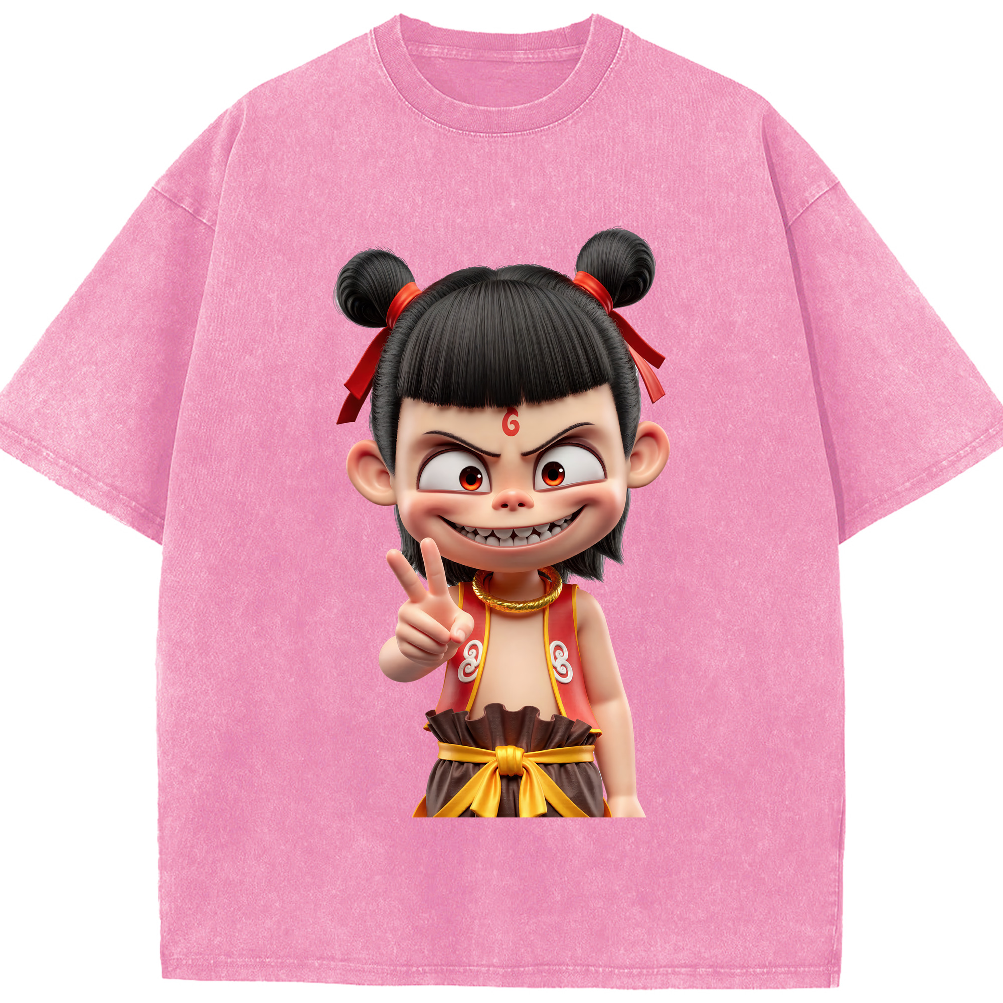 （画像用） Ne Zha 2 ナタ 魔童の大暴れ 綿100% ヴィンテージ風 半袖Tシャツ（フロントプリント）